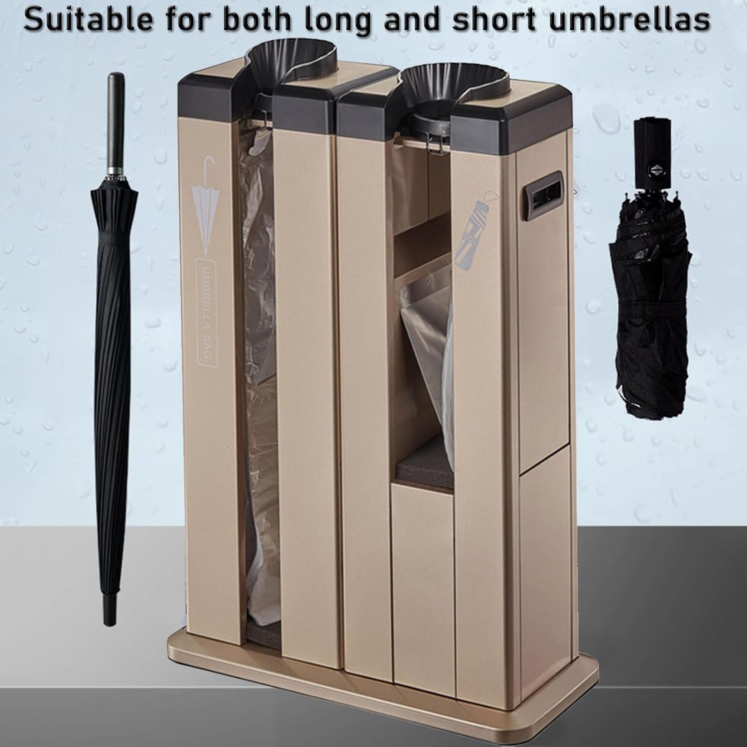 Automatic Wet Umbrella Packing Machine with Wheels and Bags Dispenser Stand Stainless Steel Double Slots 100 Short and 100 Long Bags, Commercial Umbrella Bags Dispenser Holder Stand,Gold