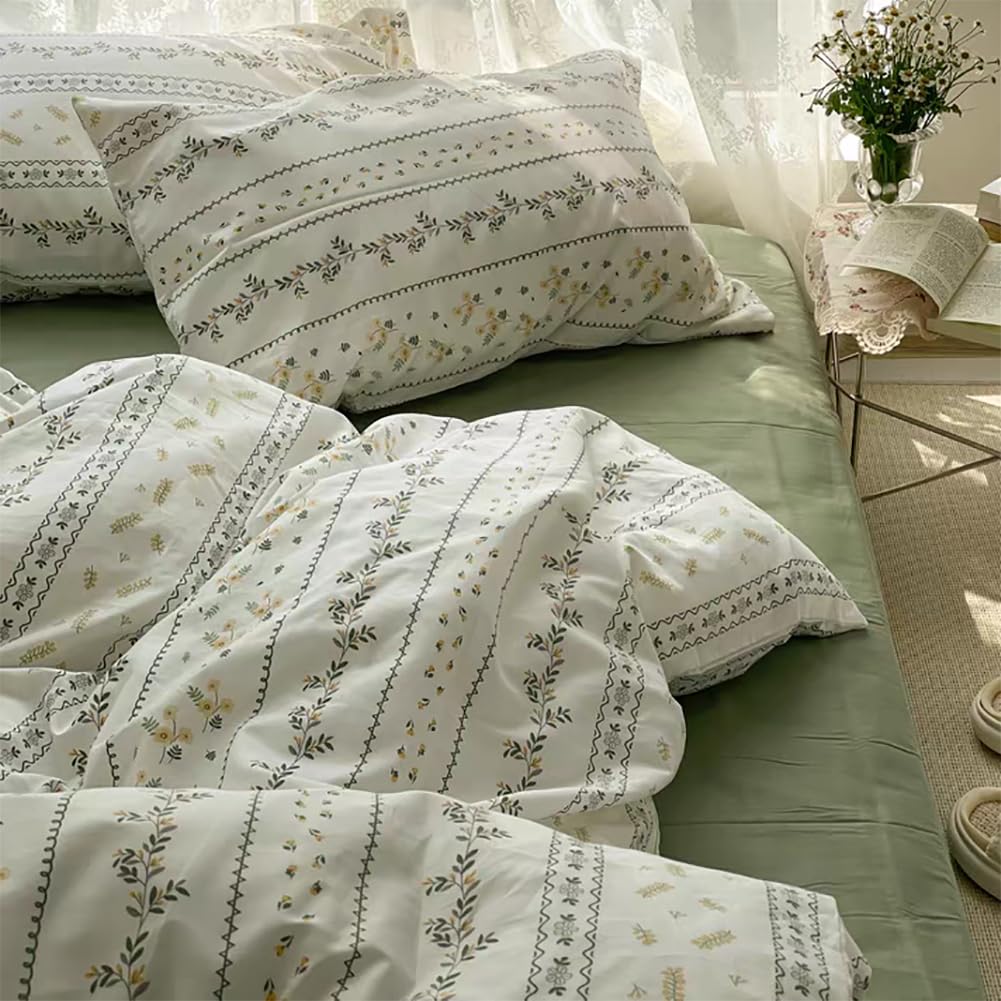 Michorinee Botanical Duvet Cover Double Bed Green White Leaves Floral Bedding Set Modern Striped Microfiber Comforter Cover 200x200 with Zipper Closure and 2 Pillow Cases 50 x 75 cm โ image 1