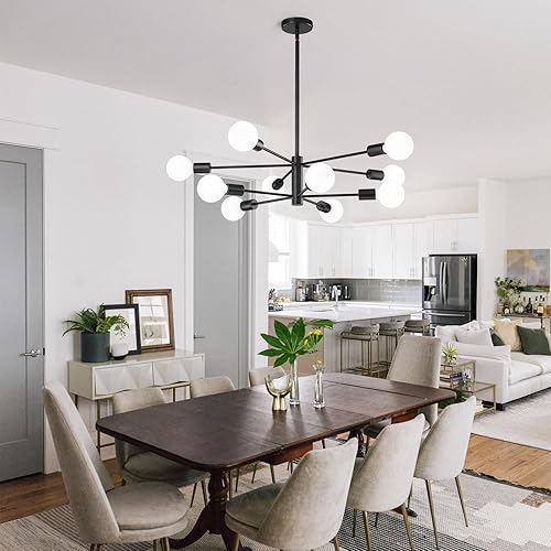 Miniatura 8 de KAISITE Lámpara de techo moderna Sputnik, lámpara de araña negra de 10 luces para comedor, sobre la mesa, altura ajustable, lámpara colgante de