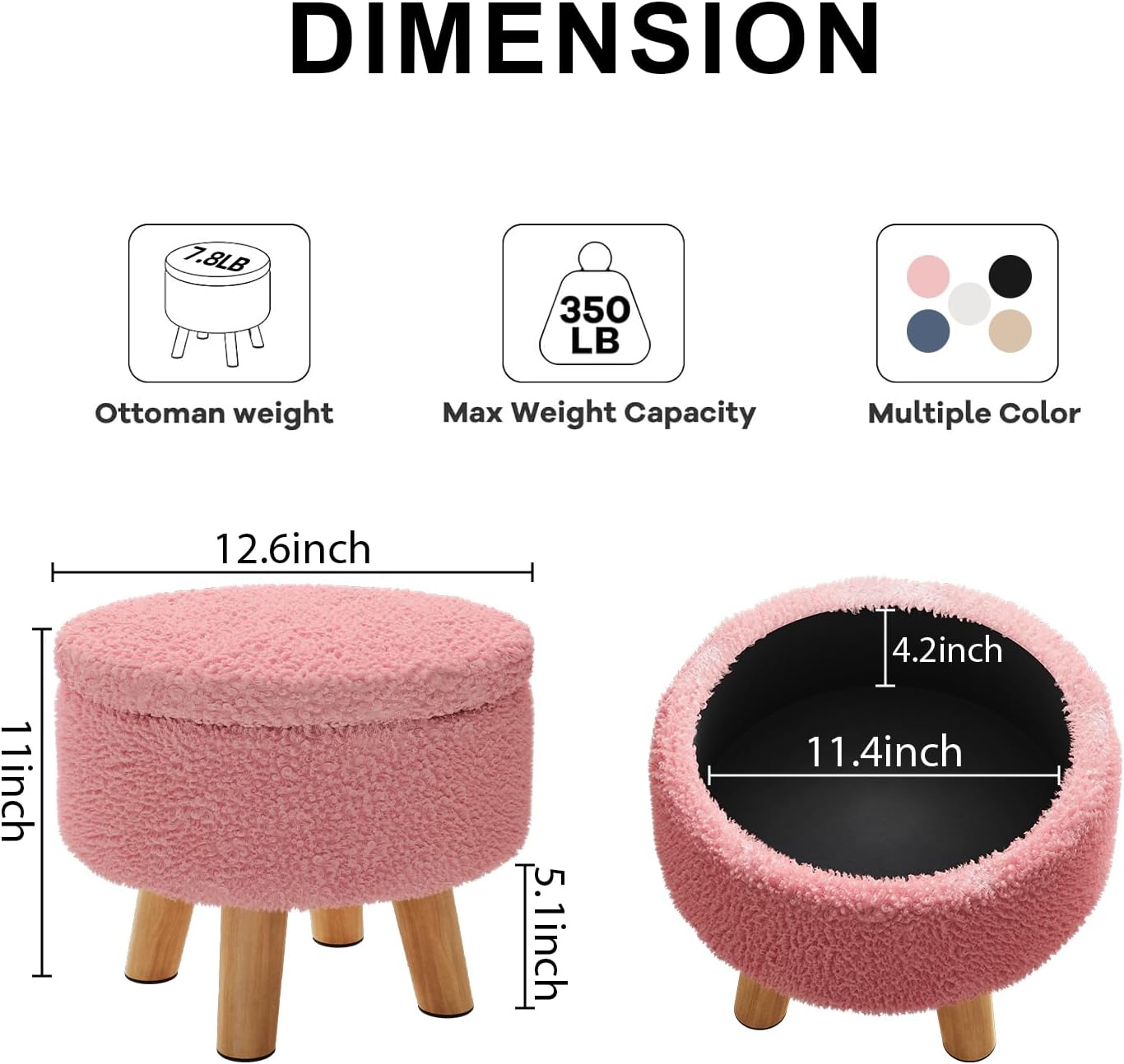 Pink Storage Ottoman Foot Rest, Small Sherpa Ottoman with Storage, Cute Round Foot Stool, Modern Pouf Ottomans Coffee Table, Boucle Teddy Footstools for Couch, Living room, Nursery, Dorm, Enterway