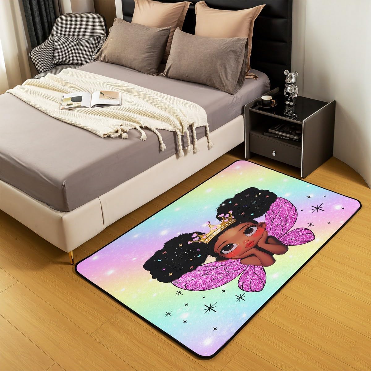 Feelyou Cute Black Girl Area Rug 3x5 African American Living Room Rugs for Bedroom for Kids Boys Girls Room Decor Princess Theme Fairy Wings Decor Carpet Indoor Floor Mat Polyester