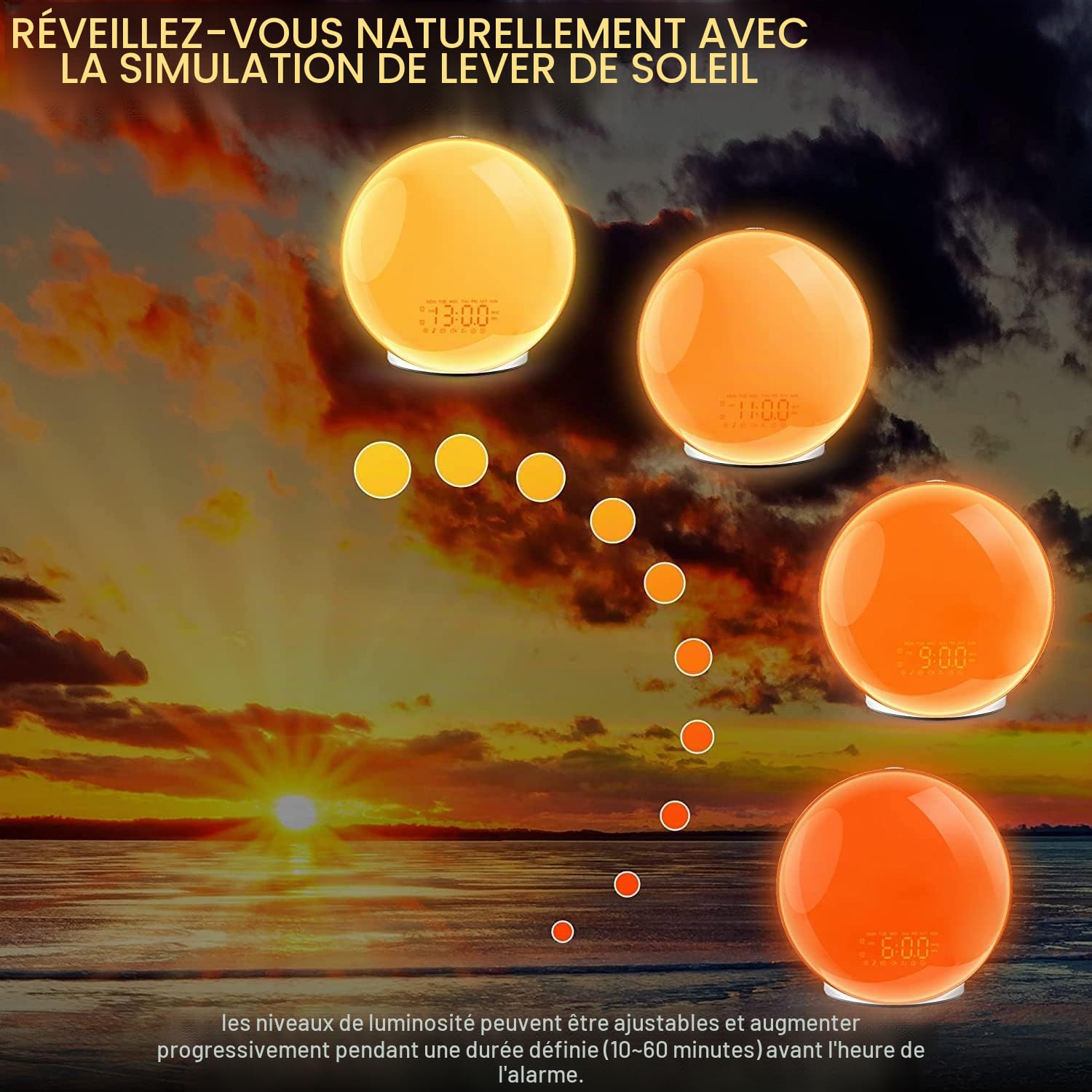 Réveil lumineux pour gros dormeurs, chambre à coucher, radio-réveil plein écran avec simulation de lever de soleil, 3 modes d'éclairage, répétition, double alarme, 8 sons naturels