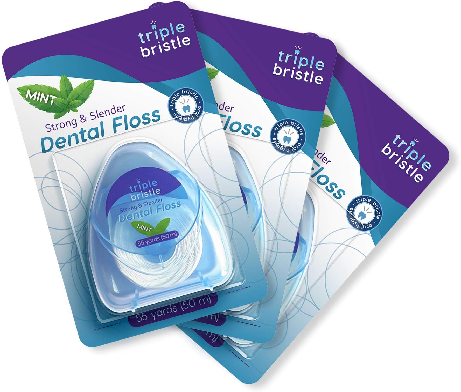 Triple BristleDental Floss | Anti Plaque Polytetrafluorethylene Floss (PTFE) | Gentle Easy Glide Satinfloss | Pro-glide Ultra Clear Strong & Slender | Mint Flavored | 55 yards (50m) per pack | 3 pack
