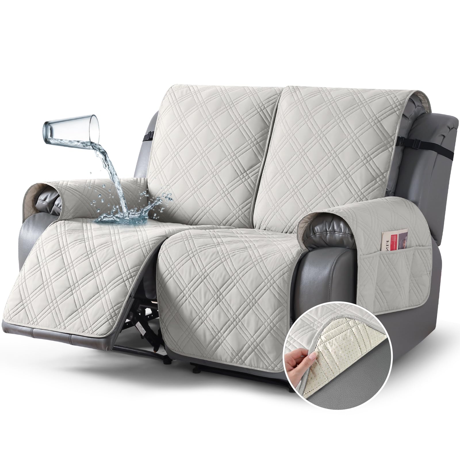 TAOCOCO 100% Waterproof Oversized Loveseat Recliner Cover, Non Slip Split Couch Covers for Reclining Loveseat with Elastic Straps for Kids Pets(Oversized 2 Seater, Off White)