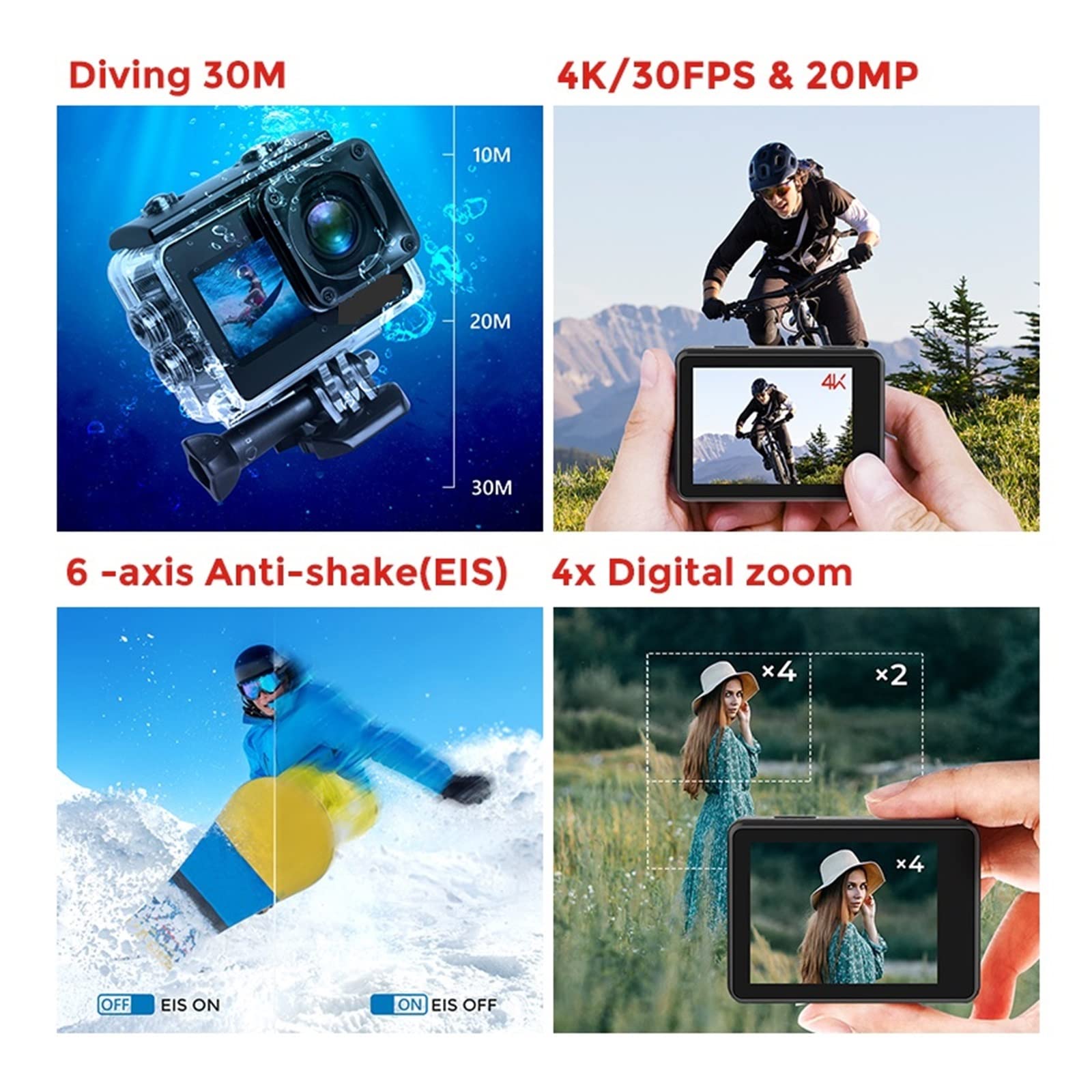 Action Cam, A10 Action Camera 4k EIS Ultra HD 20MP 170D Subacquea Impermeabile Cam Touch Screen 4X Zoom Video Go Sport PRO Cam,All'aperto, Sport, Video(4,Cam And Mic)