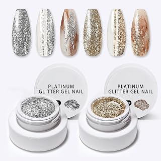 Chrome Platinum Glitter Nail Polish Set, 2 jar High Density Platinum Drawing Gel Polish Gold Silver Sparkle Glitter Gel Nail Polish for Salon Home Nail Art DIY (Silver & Champagne, M)