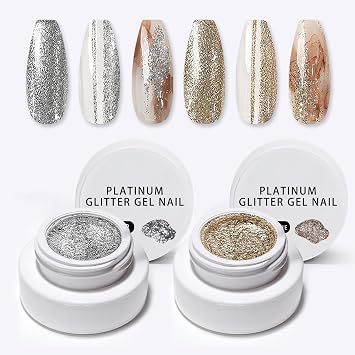 Silver Gold Champagne Sparkle Glitter Gel Nail Polish Set | Chrome Platinum Glitter Nail Polish Set, 2 jar High Density Platinum Drawing Gel Polish for Salon Home Nail Art DIY