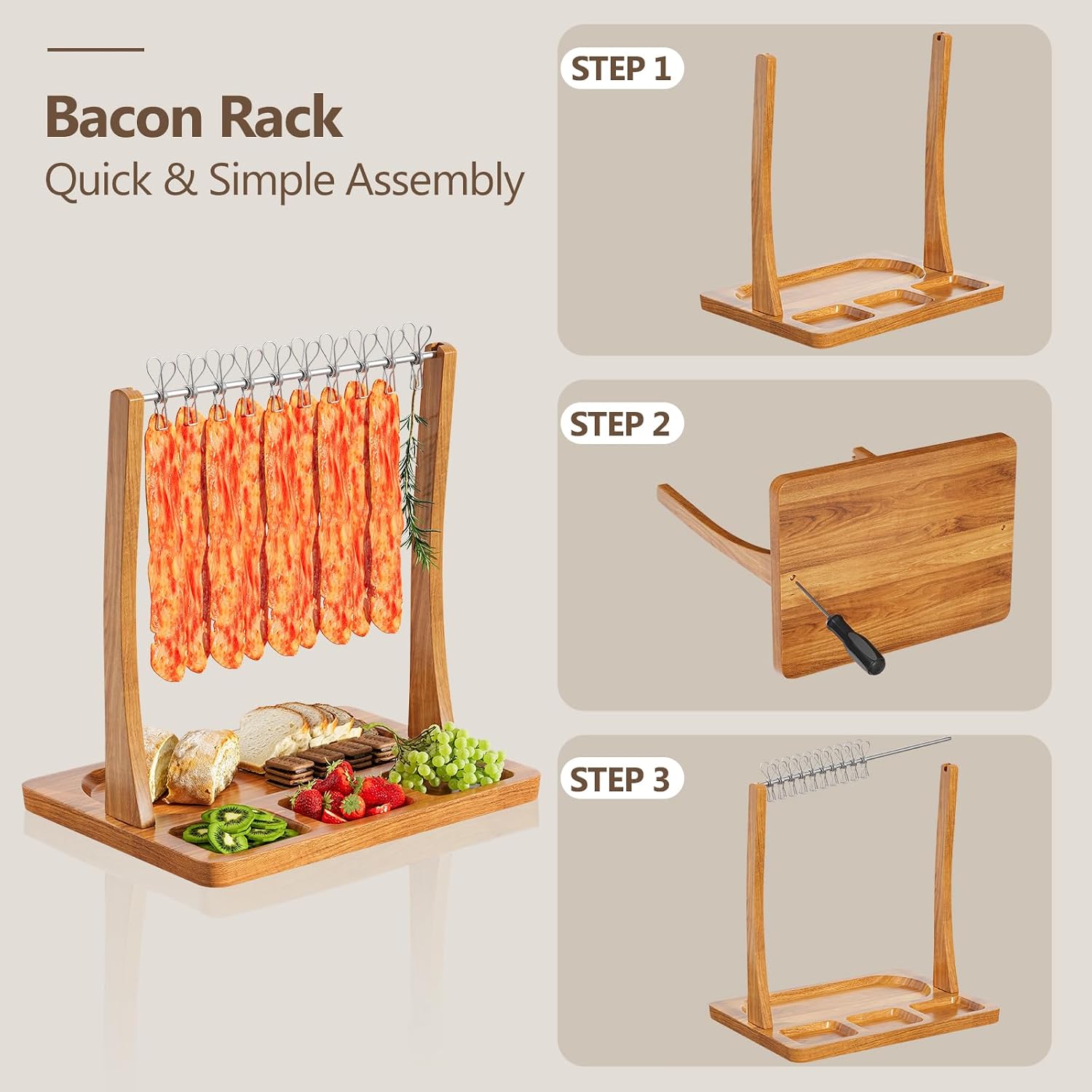 Acacia Bacon Display Rack,Patented Design Bacon Clothesline Serving Tray,Wooden Charcuterie Boards with Bacon Hanger,Exquisite Bacon Tray Holder for Parties,Weddings,Housewarming Gifts