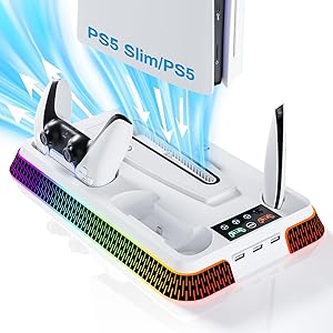 PS5 Cooling Station and PS5 Stand with RGB Controller Charging Station for PlayStation 5 Console, Controller Charger, Cooling Stand, PS5/Slim/Pro Accessories Kit with 3 Level Cooler Fan