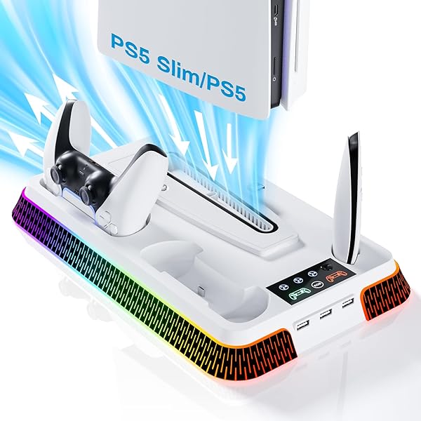 PS5 Cooling Station and PS5 Stand with RGB Controller Charging Station for PlayStation 5 Console, Controller Charger, Cooling Stand, PS5/Slim/Pro Accessories Kit with 3 Level Cooler Fan