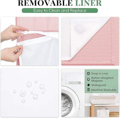 Vista 45 de Dynamene Cortina de ducha larga de tela negra – Cortinas de ducha de tela alta y resistente con textura de gofre, juego de cortina de baño de lujo