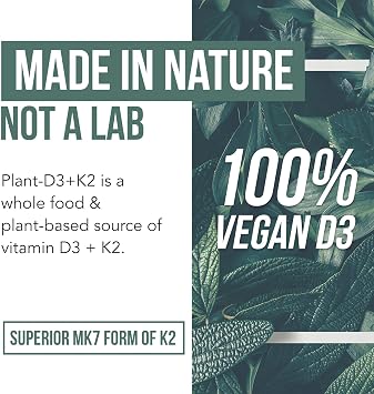 Organic Plant D3 + K2 | 10000 IU D3 + 120 mcg K2 as All-Trans MK7 from MenaQ7 - 100% Whole Food, Raw & Vegan | Enhanced Digestion with Prebiotic & Superfood Complex D3 from Organic Algae (60 Count)