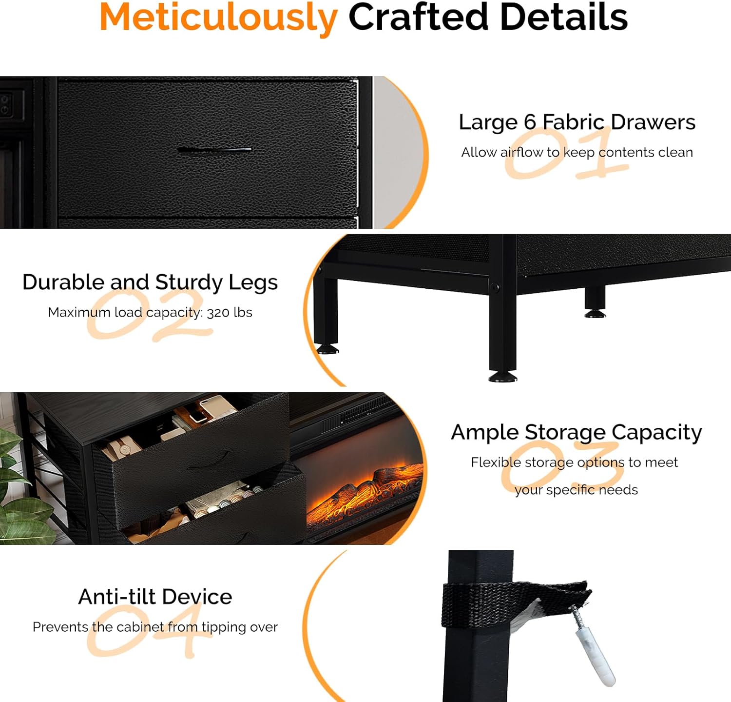 VINGLI Fireplace TV Stand Dresser with Fabric Drawer, Entertainment Center with LED Lights and Industrial TV Console Table with Open Storage Shelves for Living Room, Bedroom, Black - Image 4