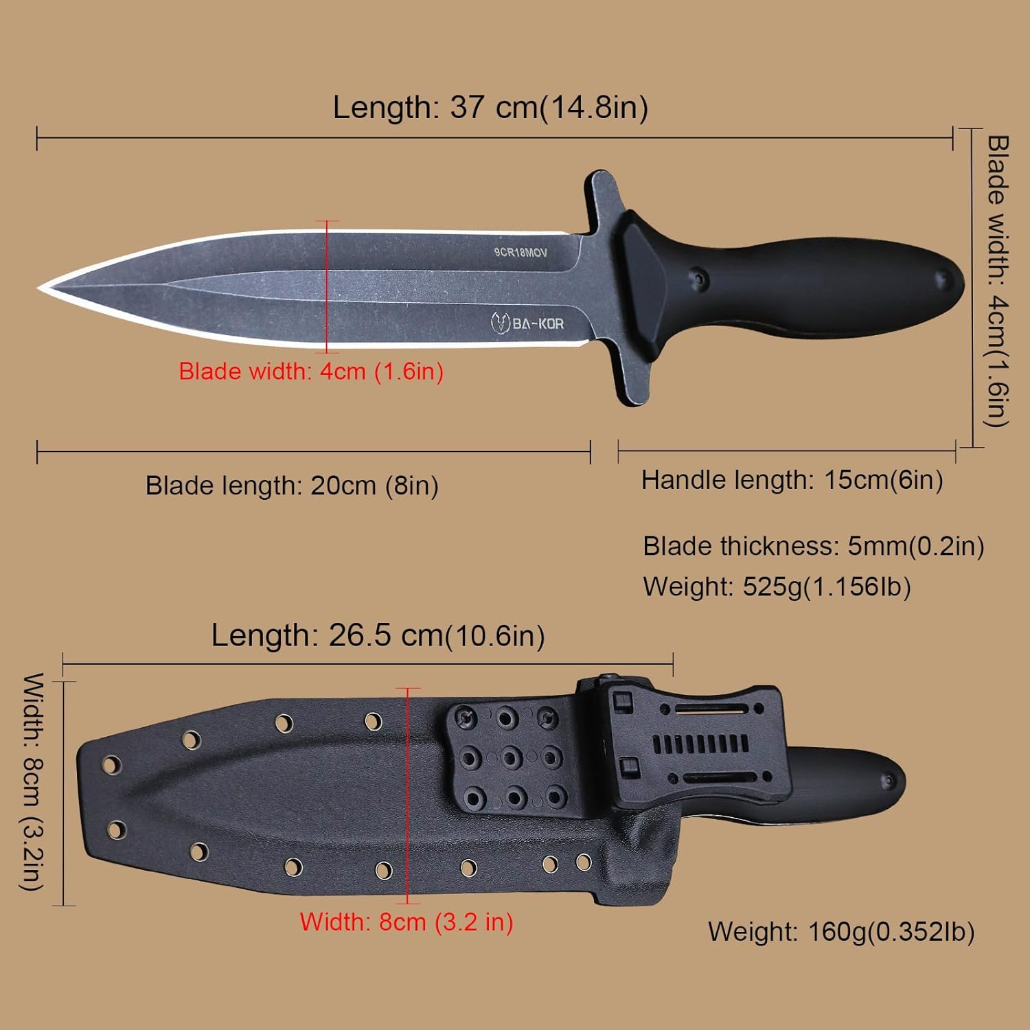 BA-KOR 5MM Full Tang Survival Knife (9CR18MOV) steel G10 handle+K sheath and 5.9-inch cerium fire starter can be used for outdoor hunting, camping, barbecue, fishing, kitchen cutting, EDC tools, gifts