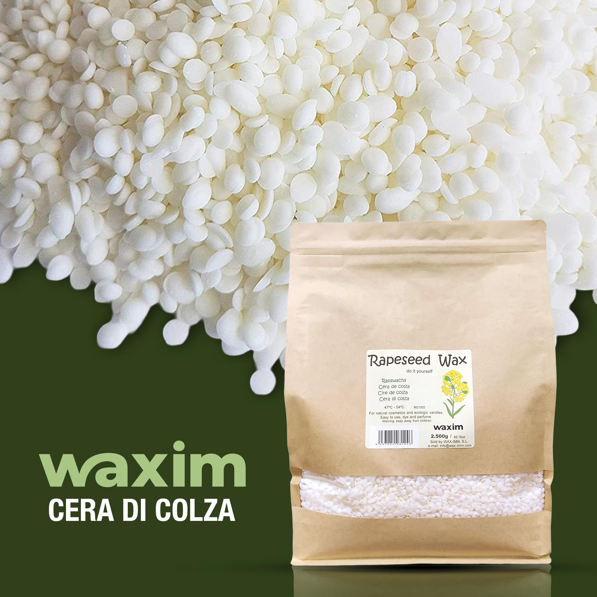 WAXIM Cera di olio di colza per candele 2500 g – Perle bianche, naturali, vegane, senza paraffina, cera per candele fatte in casa, fai da te, candele artigianali, granuli di cera e candele natural