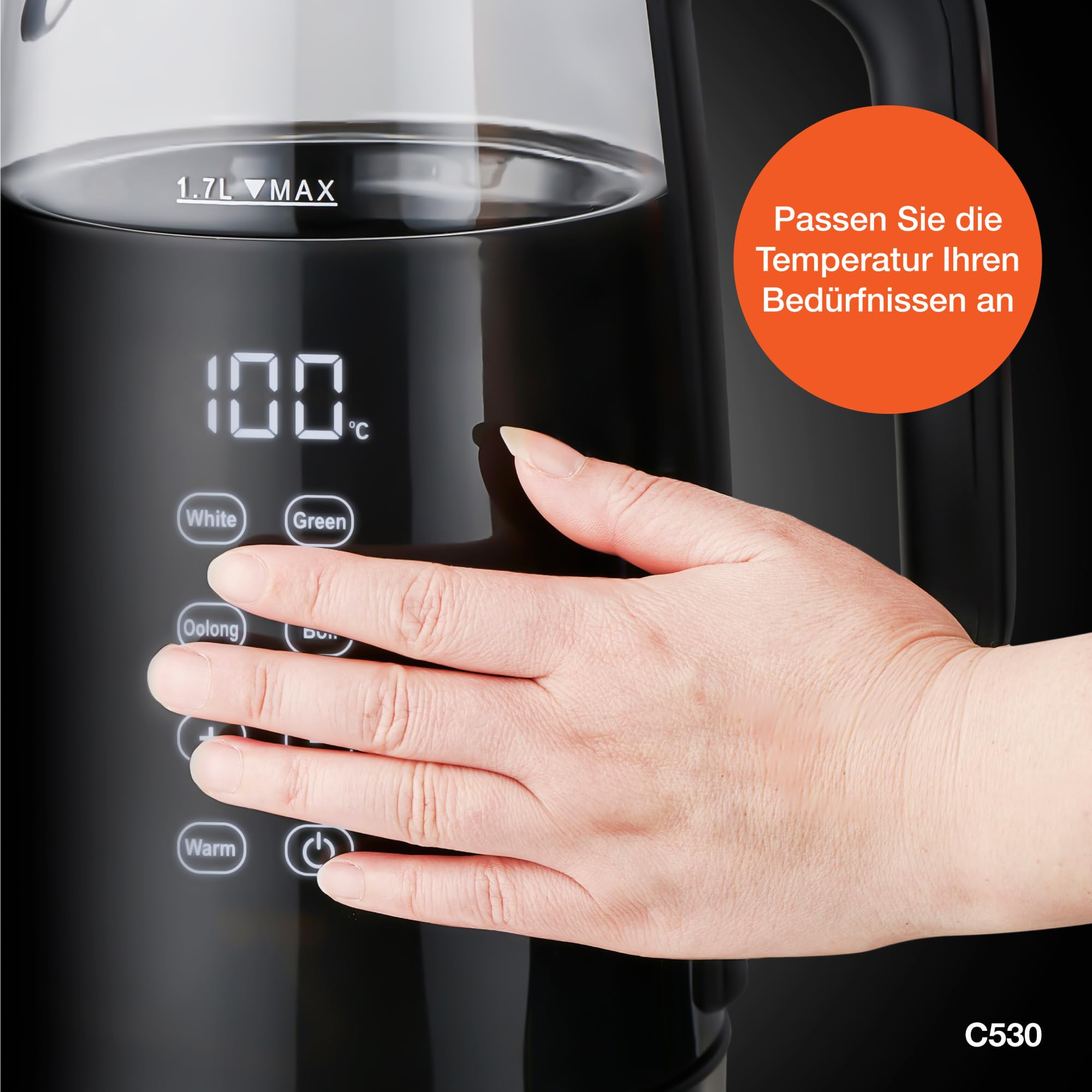 Bouilloire électrique C530, Sans fil, 1,7 L, Bouilloire en verre, Puissance 2200 W, Bouilloire avec maintien de la température 40°-95°C,Commande par écran tactile, Bouilloire à température contrôlée