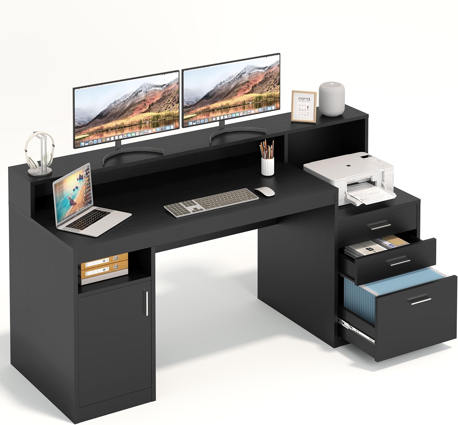 Computer Desk with 3 Drawer & Storage Shelves, Home Office Desk with File Drawer & Cabinet, Writing Study Table with Long Monitor Stand & Printer Shelf, Executive Workstation