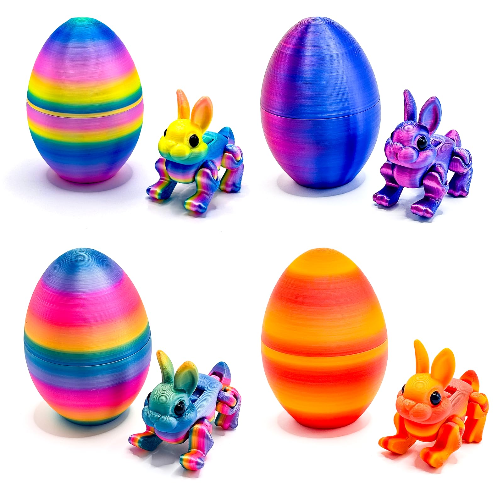 4Pcs 3D Printed Easter Eggs with Bunny Inside, 2026 Colourful Animal Figurine Set, Easter Basket Fillers, Cute Articulated Flexible Fidget Bunnies for Home Desk Pet Decorations, Surprise Rabbit Gift