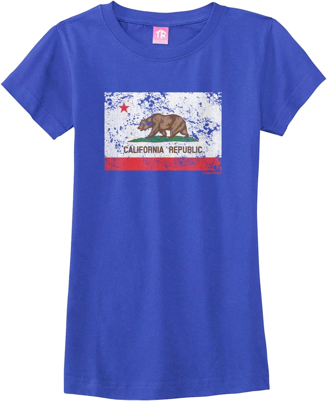 Threadrock Big Girls' Distressed California Flag Fitted T-Shirt