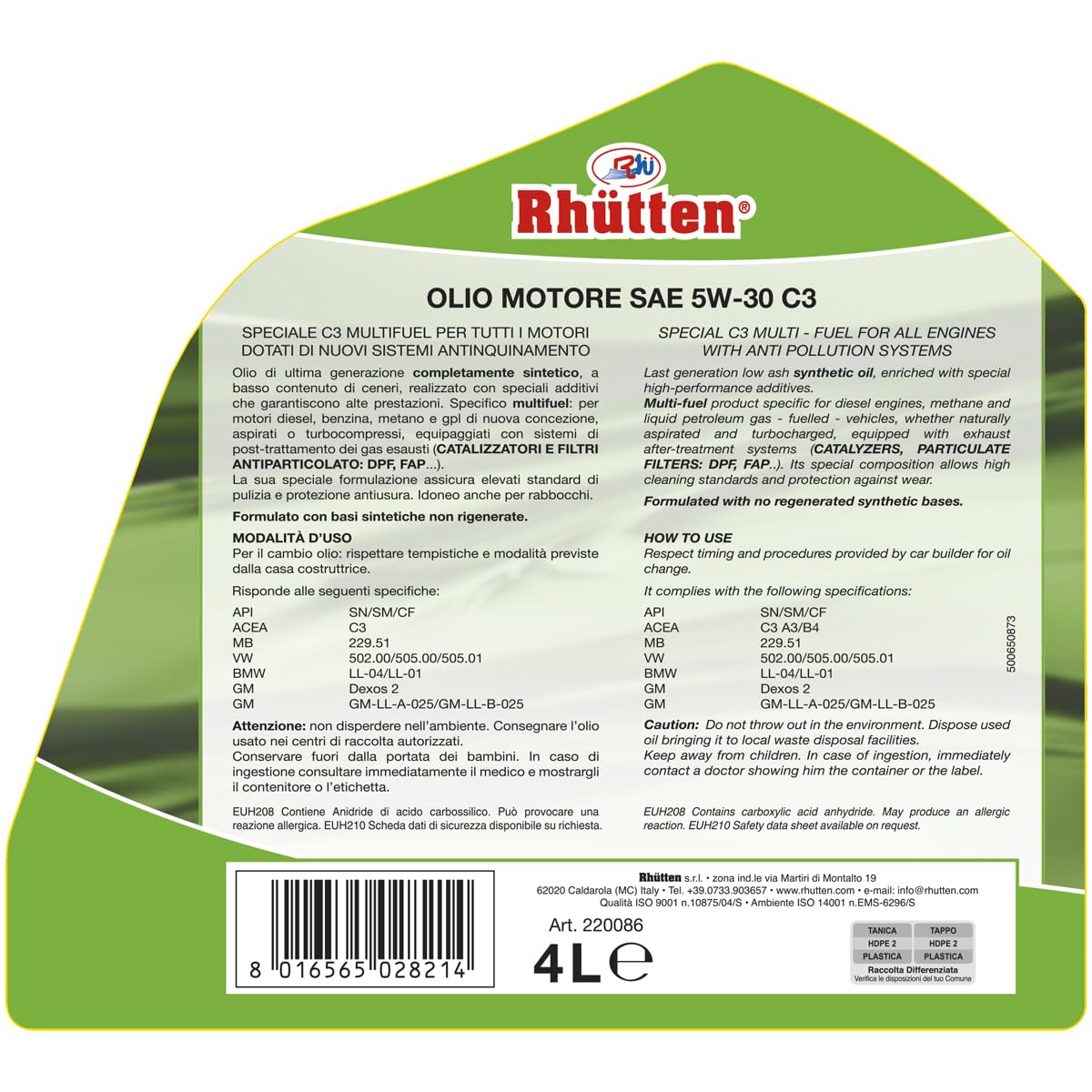 Olio Motore Rhutten Sintetico 5W-30 C3 4L