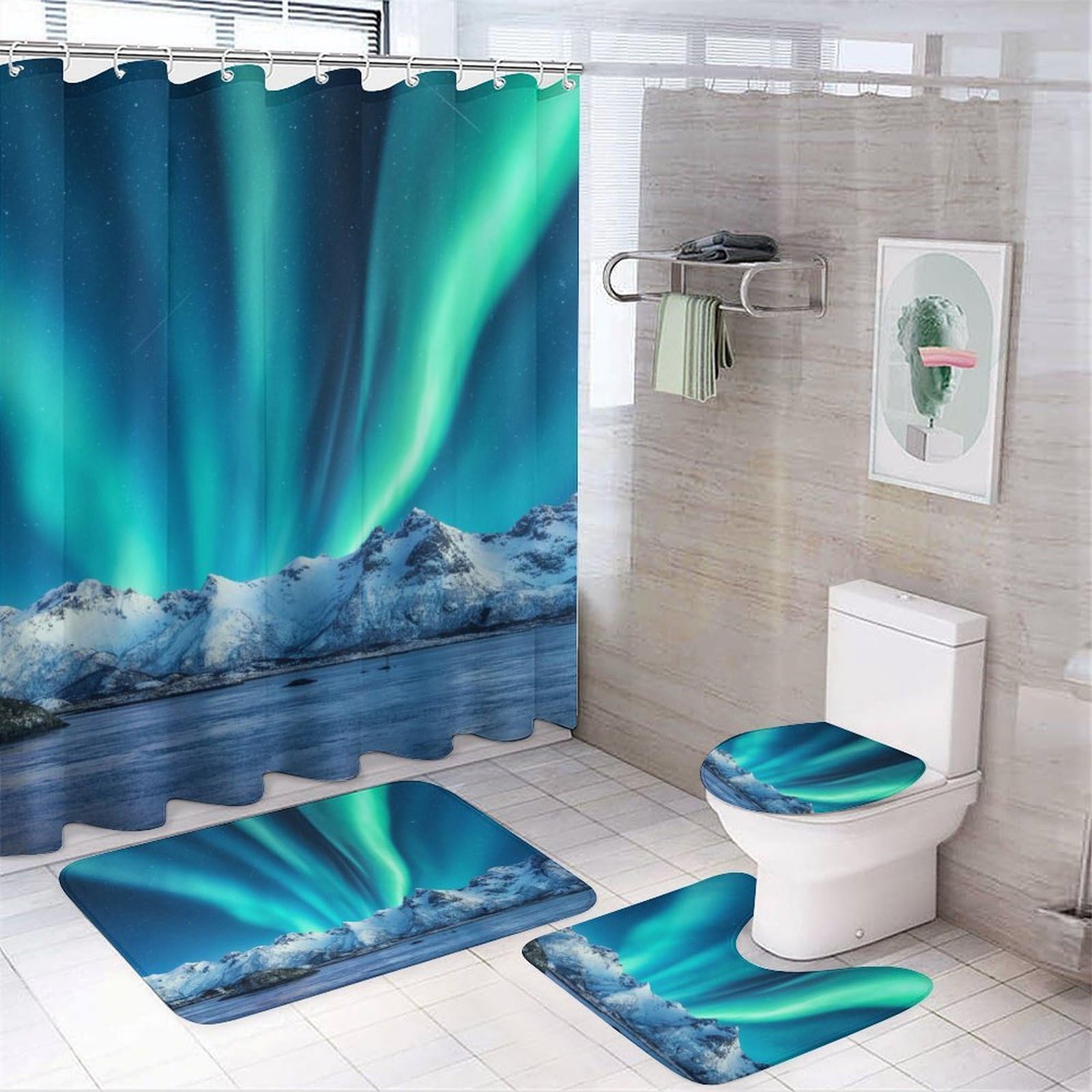 Aurora 4 Pcs Shower Curtain Set Bathroom Sets with Rugs Toilet Lid Cover Bath Mat Bathroom Decor