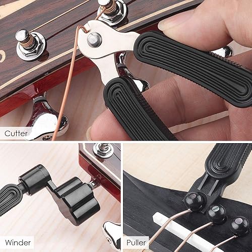 Miniatura 3 de Paquete de 3 cuerdas de guitarra acústica (oro, latón, multicolor) con púas de guitarra de celuloide, kit de bobinadora de cuerdas para