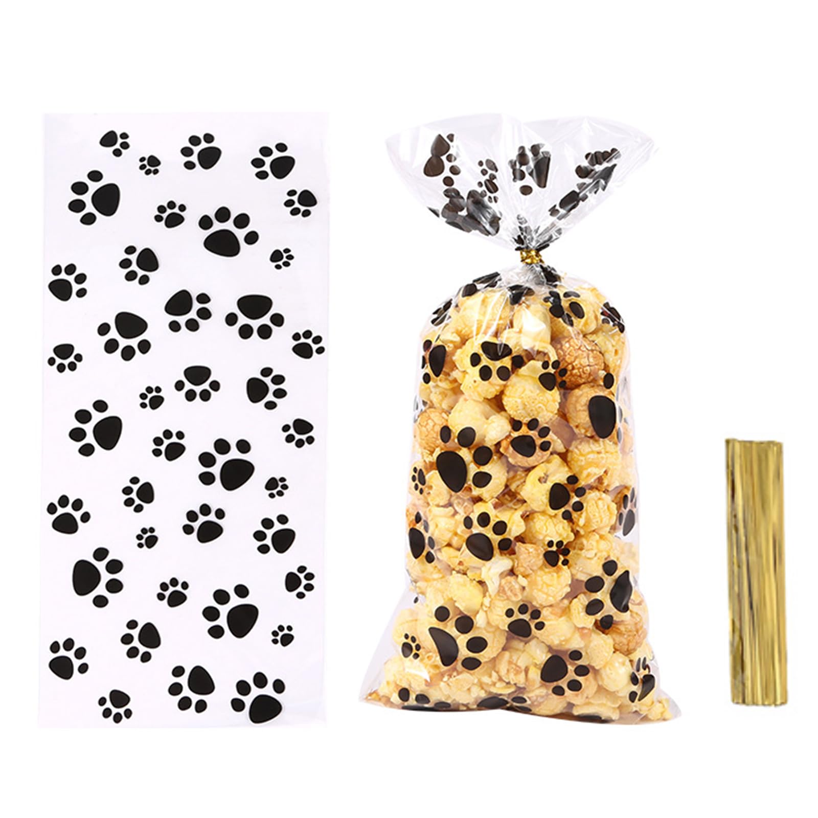 100 pcs Paw Print Cellophane Bags Gift Bags with Twist Ties Resealable Food Bags Party Bags for Popcorn Cookies Dessert in Wedding Party Favors Gift Wrapping (black)
