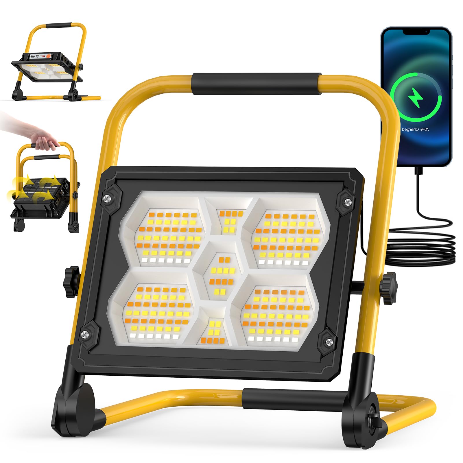 Viugreum 100W LED Work Light Solar Powered, 10000LM Led Rechargeable Floodlight with USB Port