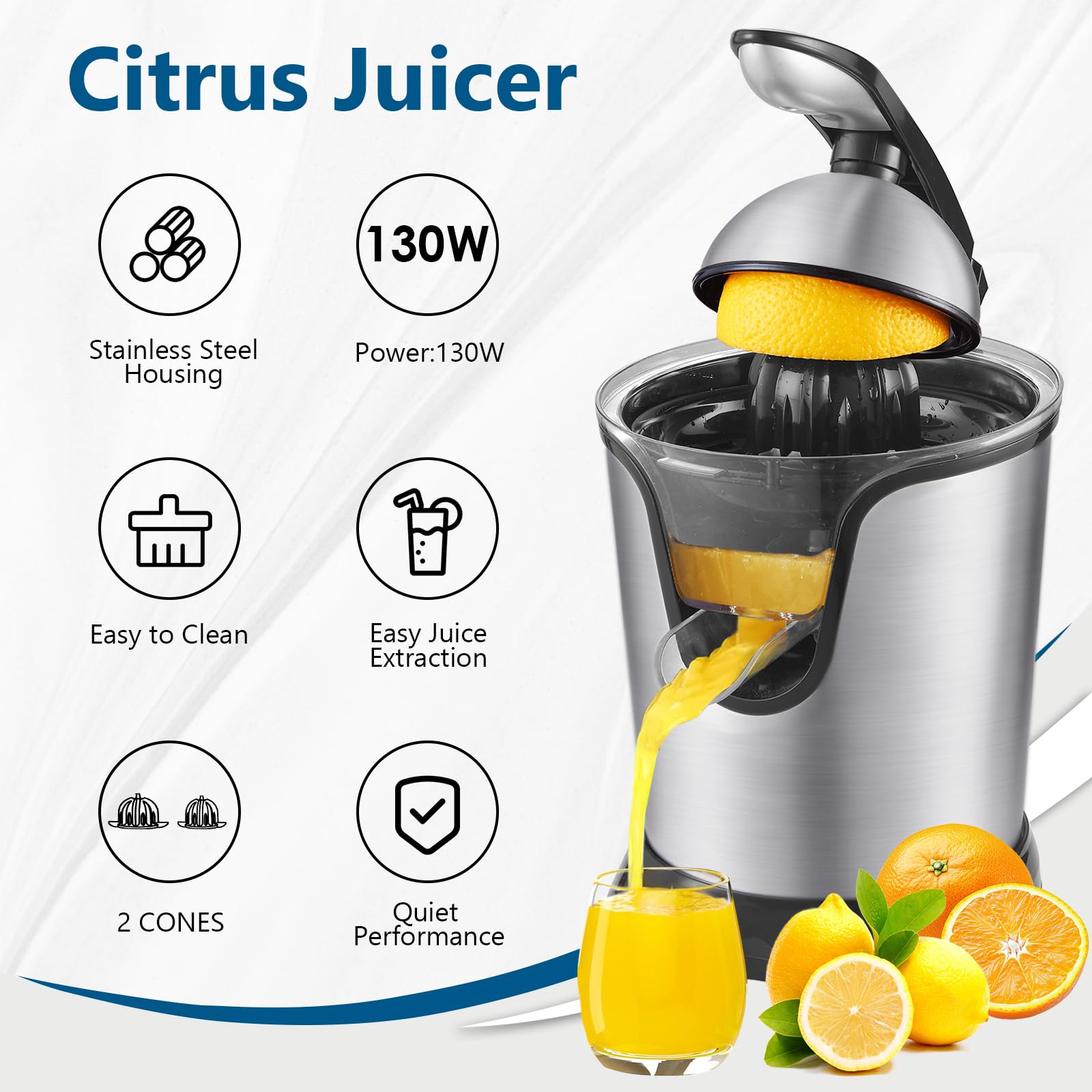 JUSANTE Citrus Juicer, Orange Juicer Machine, Stainless Steel Hands Free Lime Grapefruit Squeezer, Electric Citrus Juicer for Juice, Fruits, Lemons