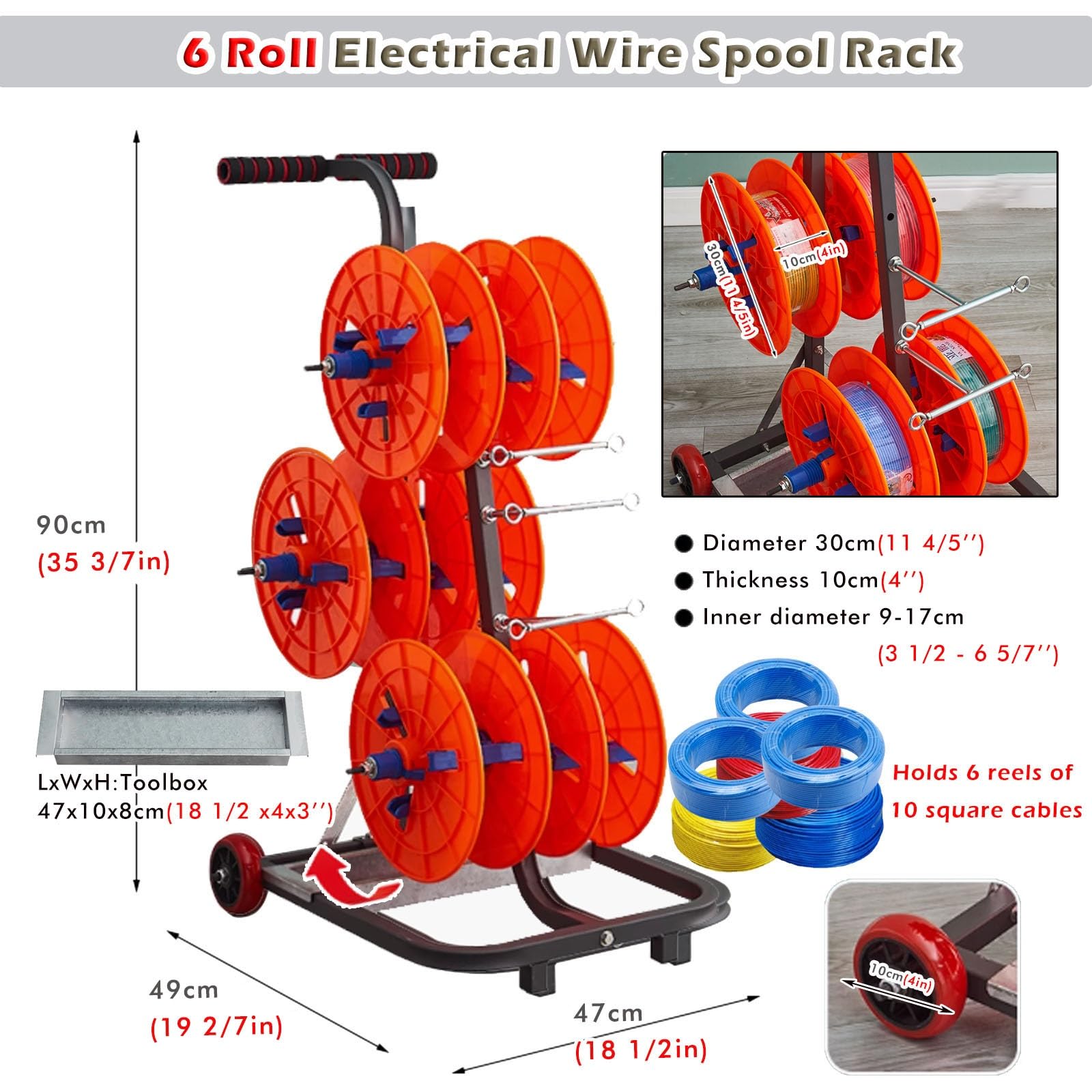 Bobina di filo con capacità di 99,8 kg e supporto a 6 rulli per erogazione di cavi elettrici e multiuso