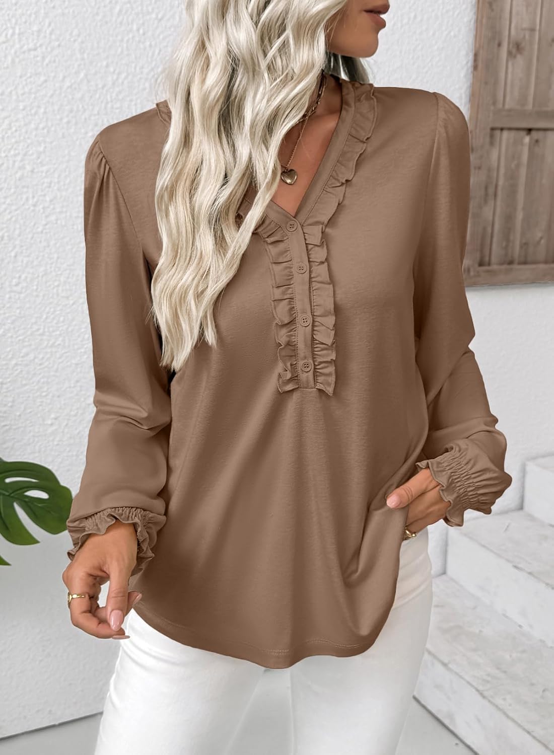 EVALESS Long Sleeve Shirts for Women Cute Ruffled V Neck Tops for Women 2025 Basic Blouses Fall Outfits Fashion Clothing - Image 4