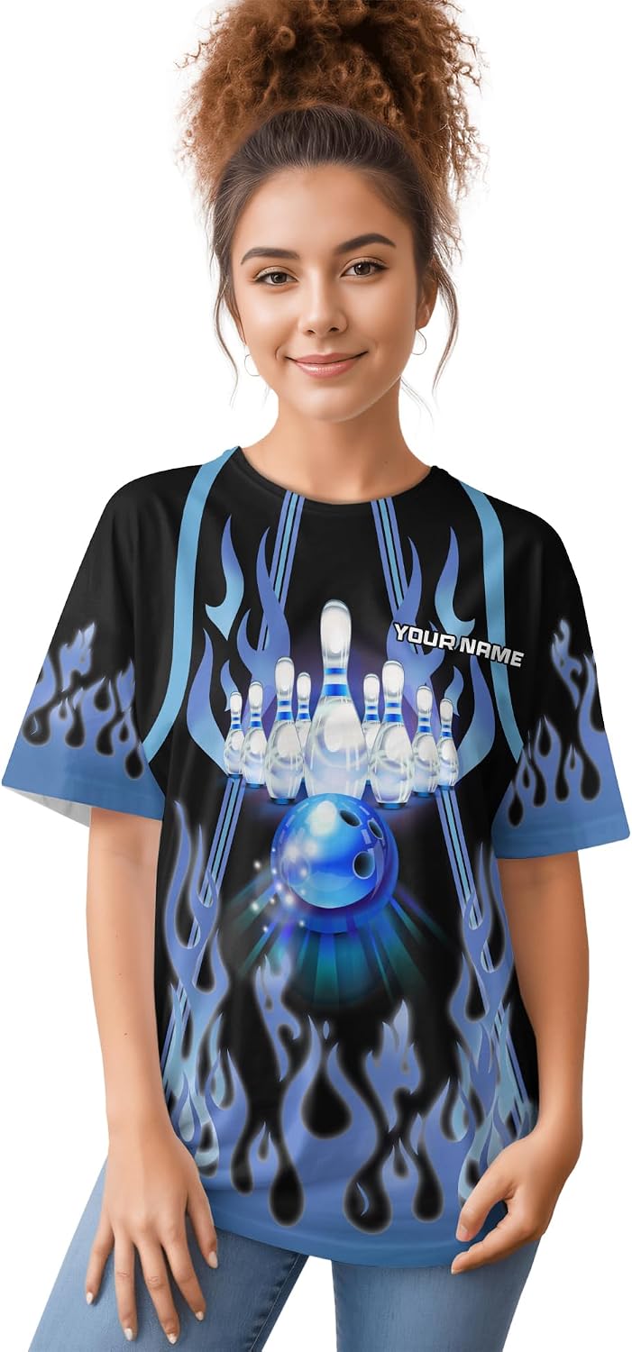 Mens Bowling T-Shirt Customized Blue Fire Bowling Ball Tee Shirt for Girl 3 D Bowling Clothing