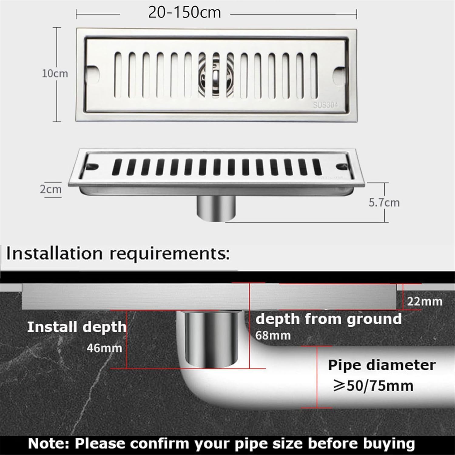 Desagüe Lineal De Acero Inoxidable para Ducha con Rejilla De Diseño De Ladrillo, Colador para Cabello, Desagüe Rectangular para Piso De Cocina Y Baño, Duradero Y Fácil Mid Drainage 60cm