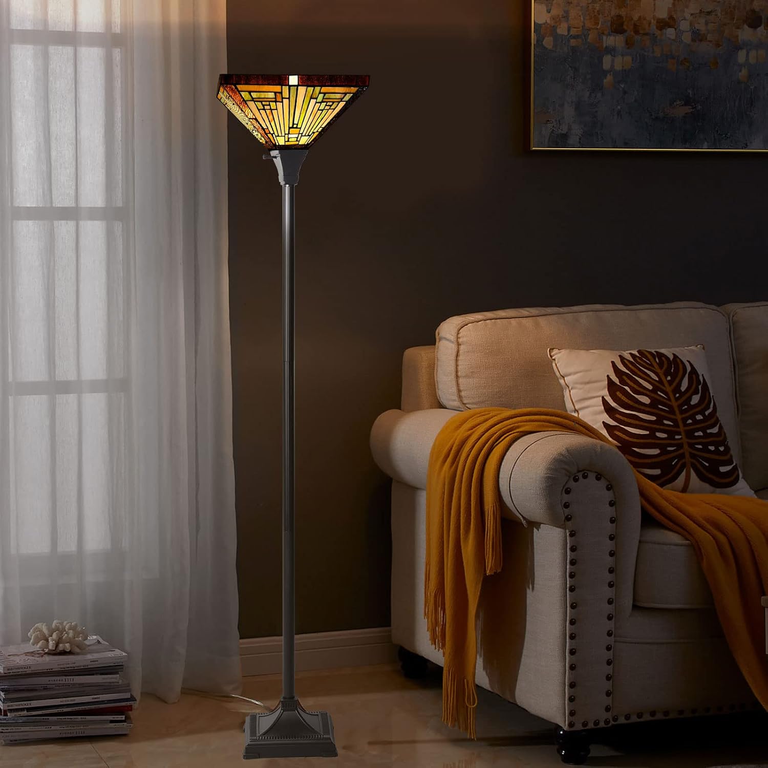 Best Review Capulina Tiffany Torchiere Floor Lamp Uplight 70 Tall Industrial Pole Vintage Style Standing Light for Living Room Bedroom Farmhouse