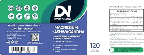 Miniatura 8 de Divinity Nutra Suplemento de Ashwagandha de magnesio, glicinato de magnesio calmante y malato vitamina B6 para los músculos, apoyo a la salud ósea,