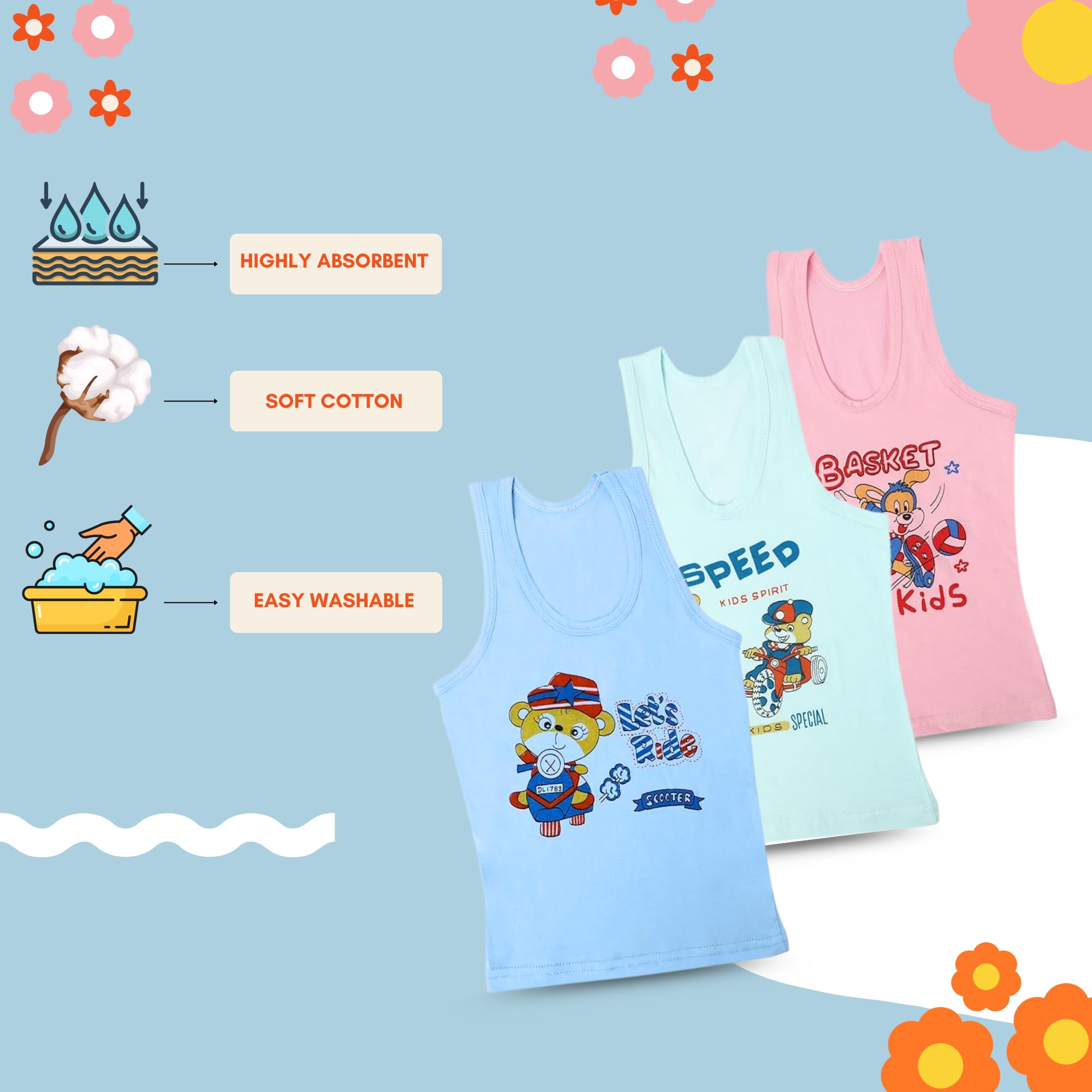 MW PRINTS Soft Printed Vest, Sleeveless Innerwear, Undershirt Sando, Baniyan, Summer Innerwear Vest - Multicolor Boy Pack of 3_6 to 9 Months 1