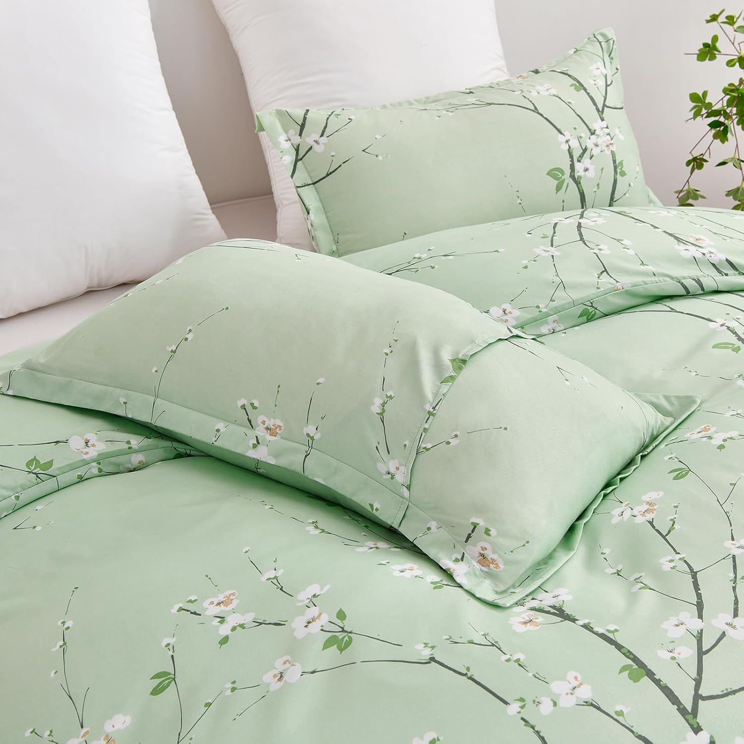 WONGS BEDDING Sage Green Floral Duvet Cover Set Queen, 3 Pieces Flower Plum Blossom Printed Bedding Set with 2 Pillow Shams, Botanical Branch Comforter Cover Set Queen Size 90"X90"(Not Comforter)