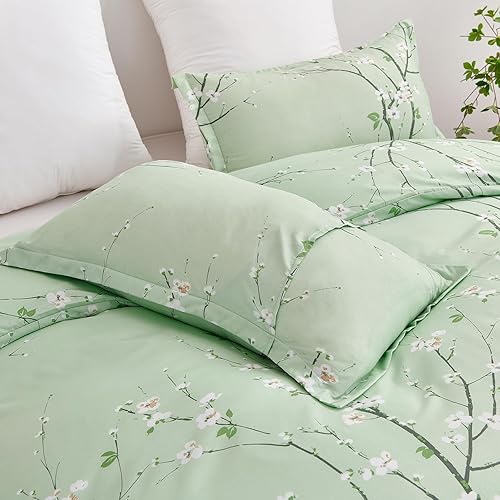 Miniatura 6 de WONGS BEDDING Juego de funda de edredón floral verde salvia, tamaño Queen, 3 piezas con estampado de flores de ciruelo y flores con 2 fundas de