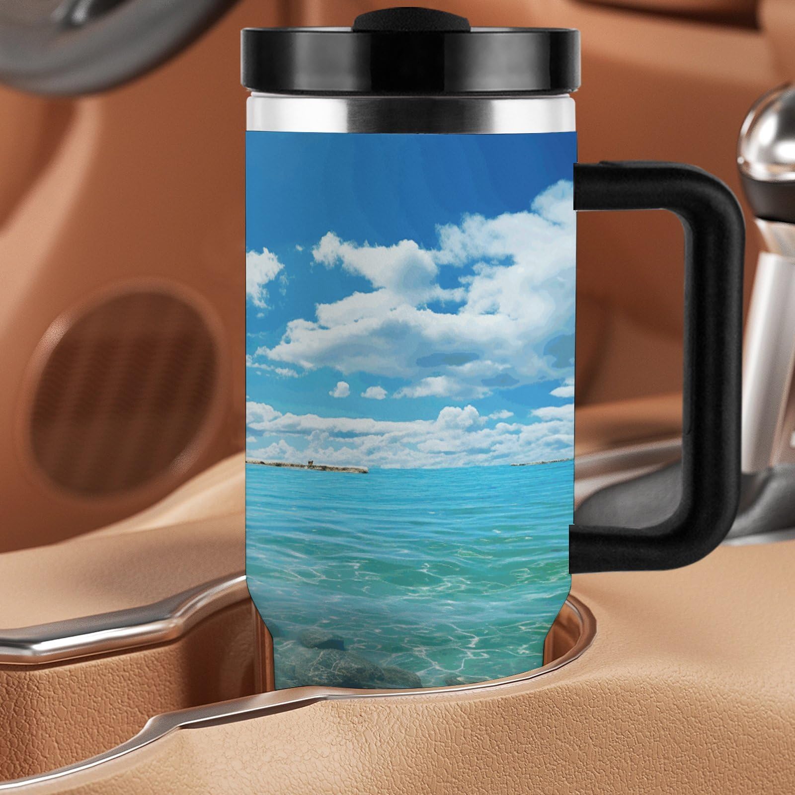 Scenic - Vaso de café de viaje de acero inoxidable, taza de café con tapa y popote, taza con asa, gran capacidad, doble pared al vacío a prueba de fugas, taza térmica de café helado, 40 onzas
