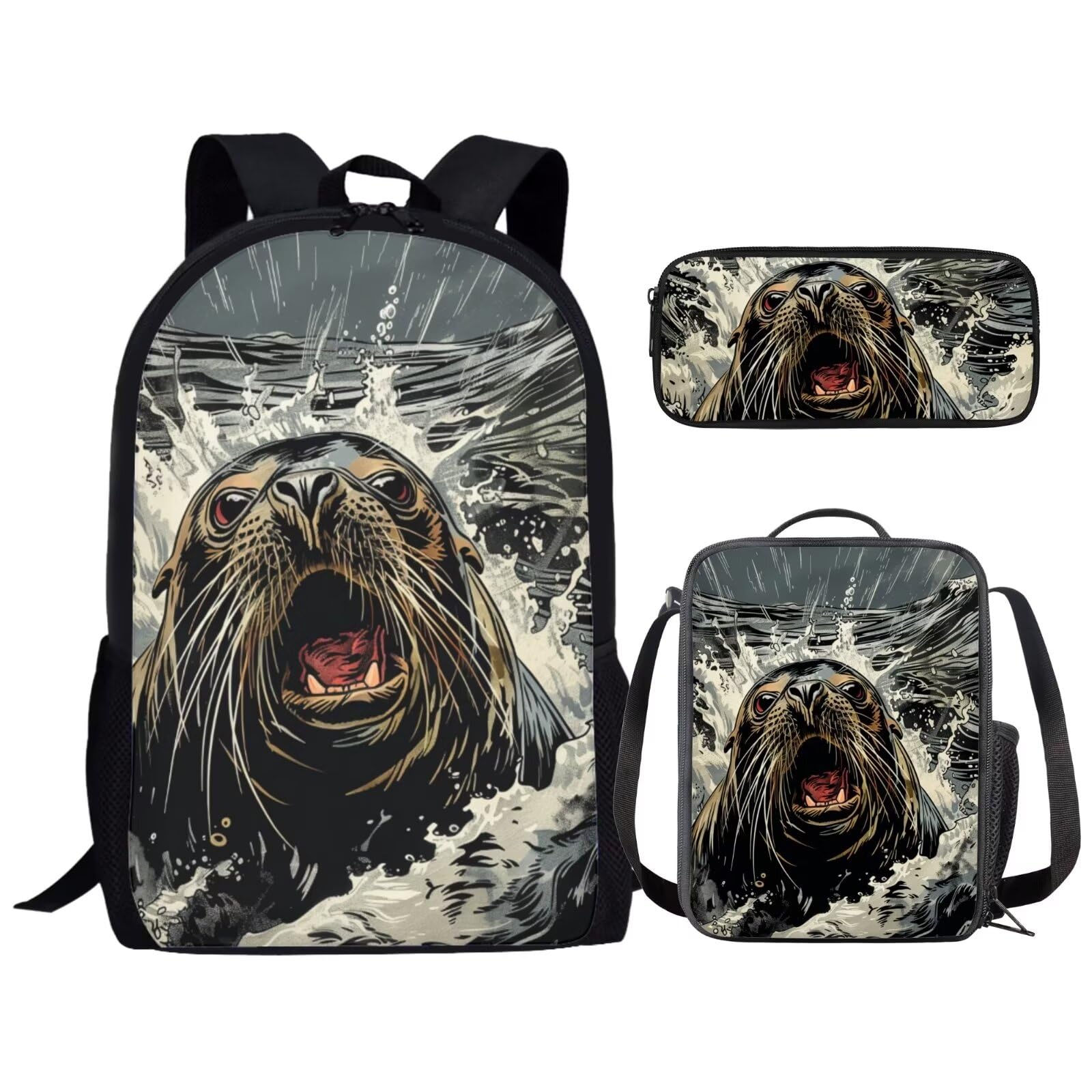 Allcute Girls Boys Seal Backpack with Lunch Box Pencil Bag Large Capacity Black Kids Backpack Set for Girls Boys Lightweight Animal Print Bookbag for