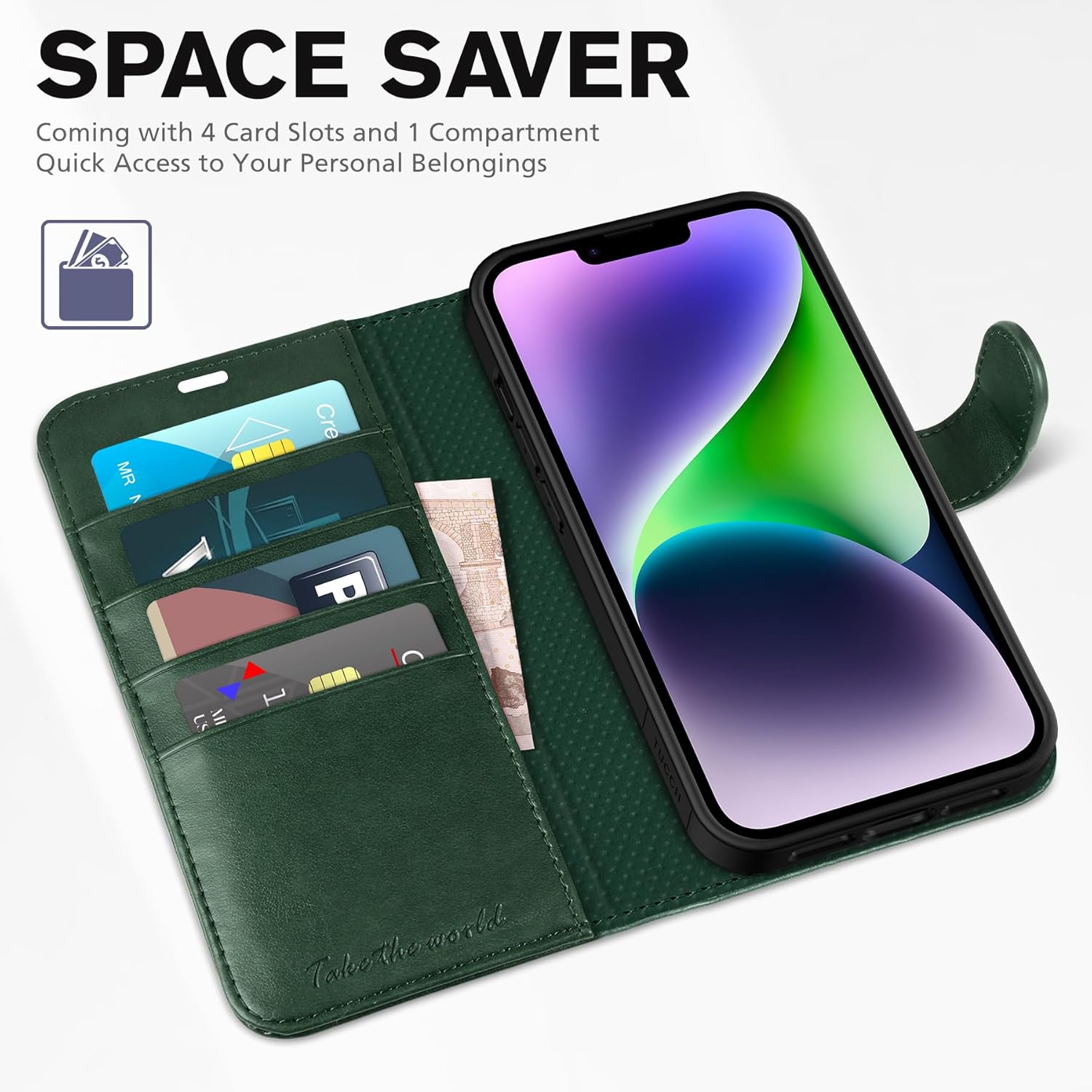TUCCH Case Wallet for iPhone 14 6.1", Protective [TPU Shockproof Inner Shell], PU Leather [RFID Blocking] [4 Card Holder] Magnetic Stand Cover Compatible with iPhone 14 6.1" 2022, Midnight Green - Image 7