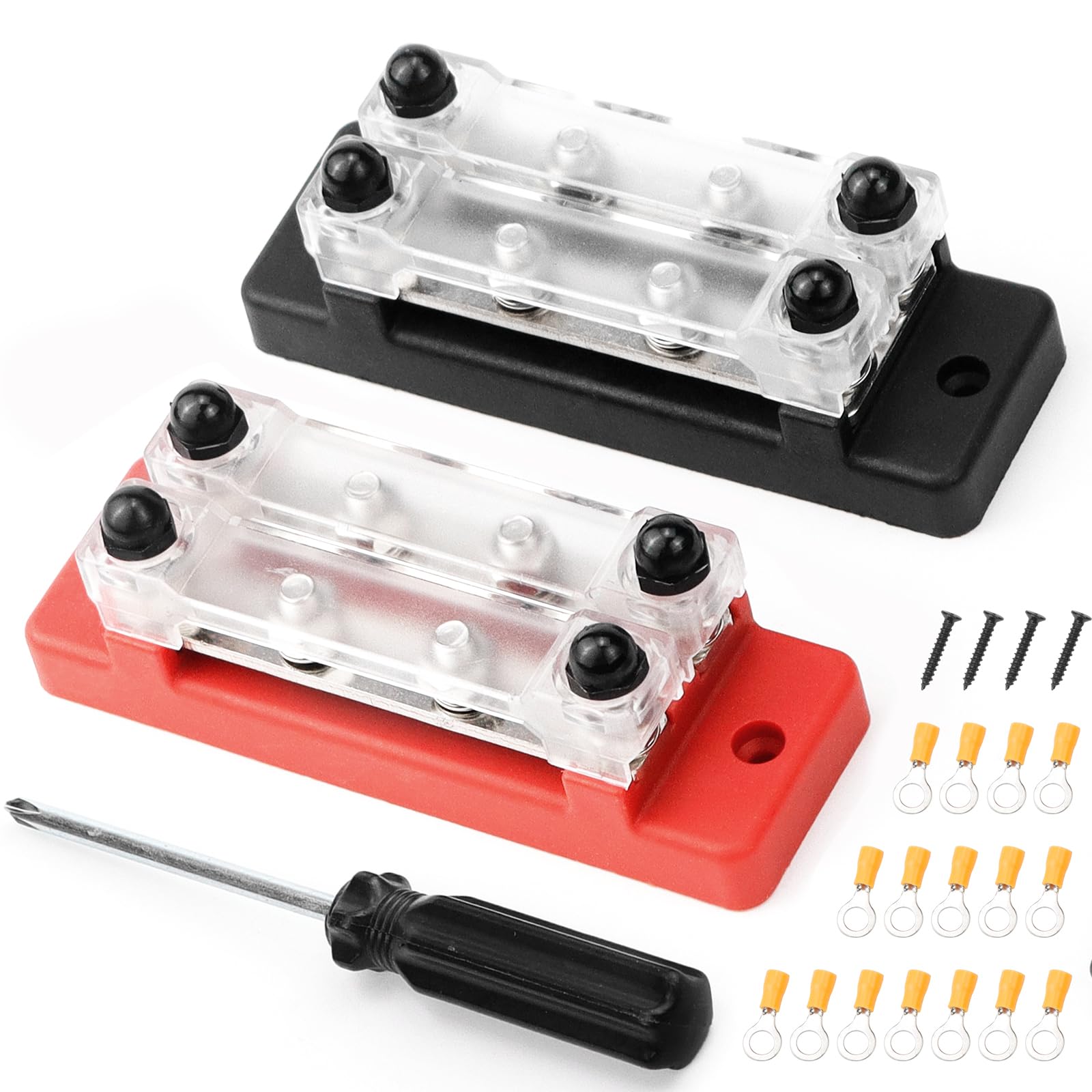 Distributore di corrente con barra collettrice, 12 V-48 V CC, 250 A, 4 bulloni a vite M8, 2 pezzi, Nero-Rosso (B-Nero e Rosso)