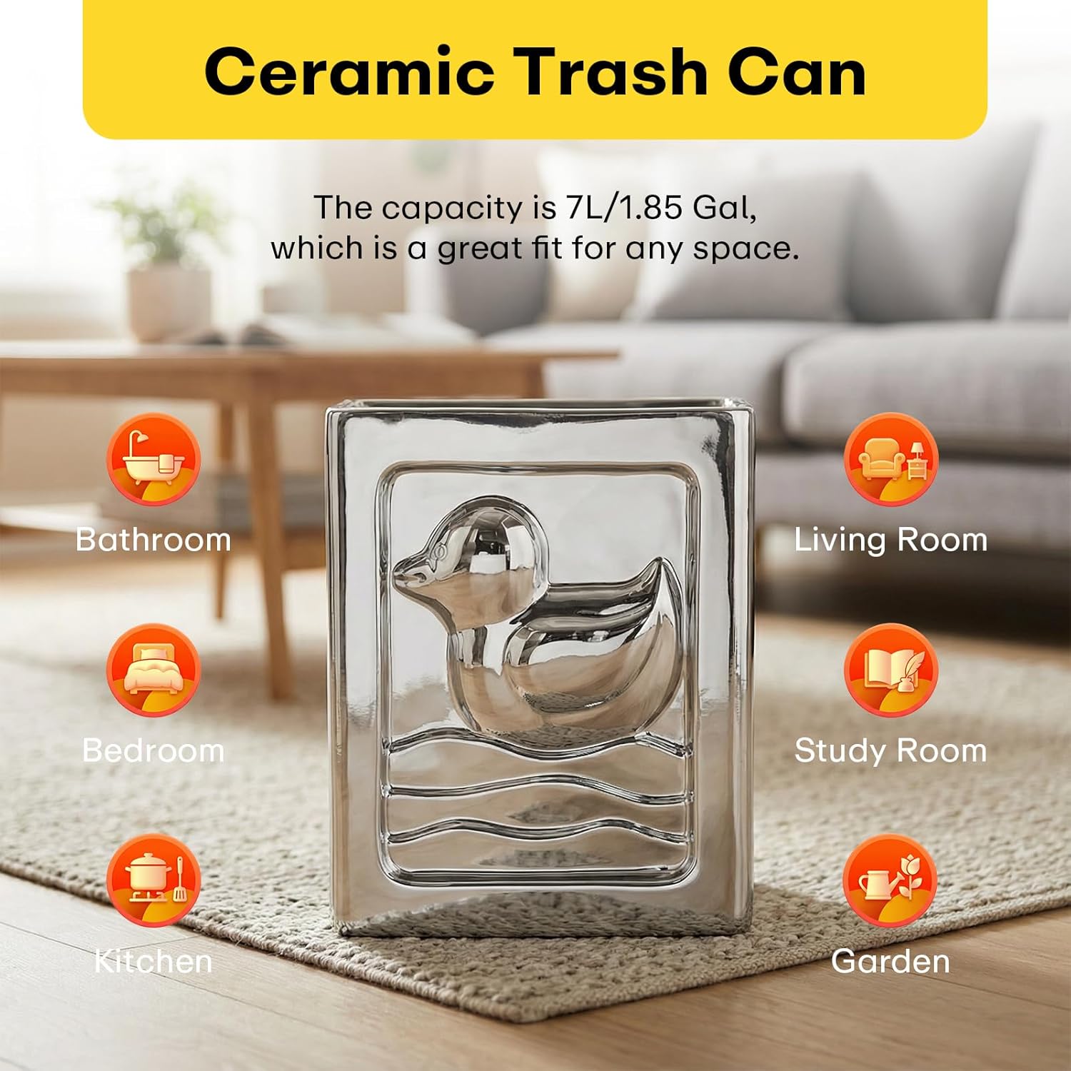 Duck Trash Can, Ceramic Waste Basket Modern Small Garbage Can for Kitchen, Bathroom, Bedroom, Office, Storage Bin with Embossed Duck Decor (Silver-7L/1.85Gallon)