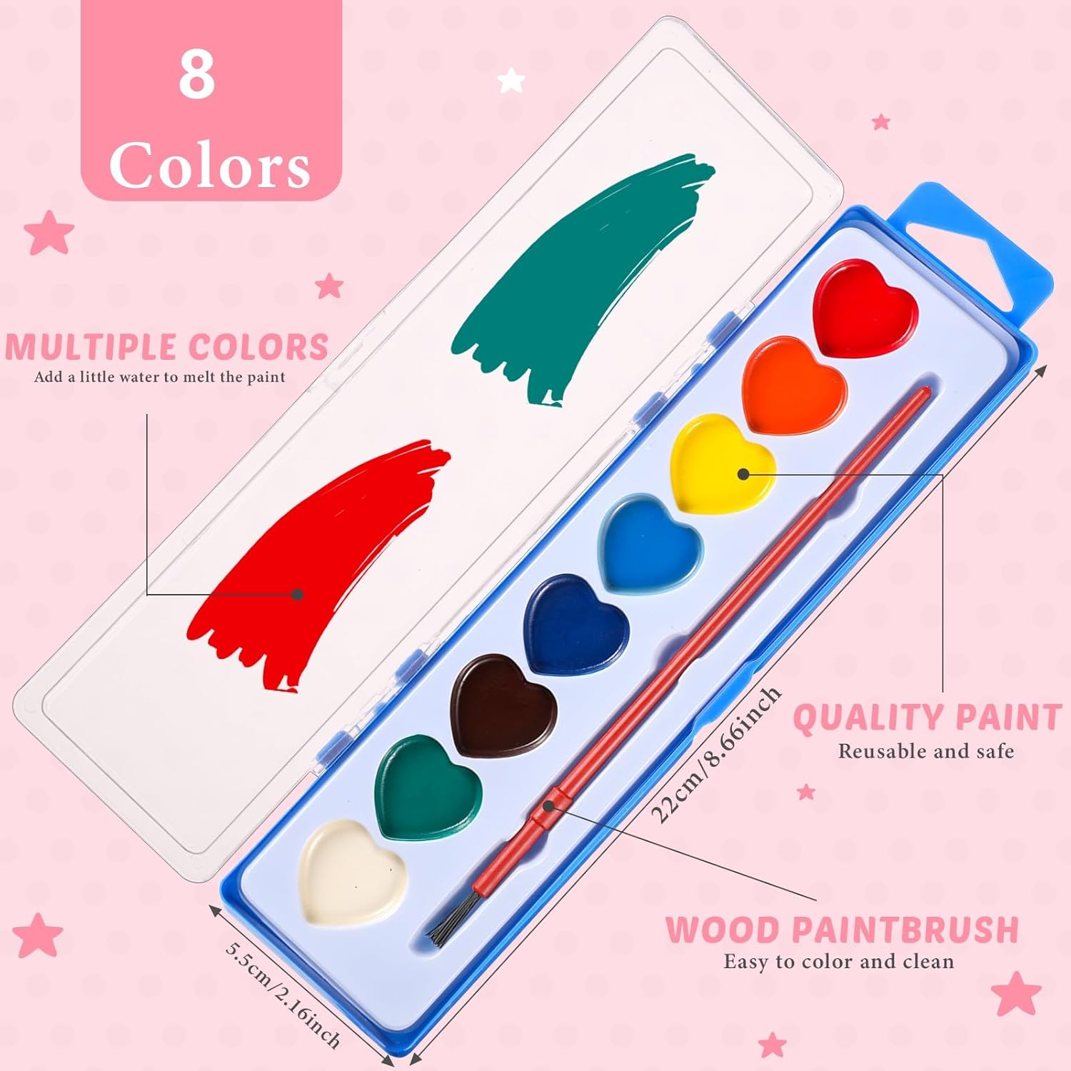 Sabary 50 Pack End of School Year Gift for Student Watercolor Paint Set Bulk with Card and Rope 8 Washable Watercolor Paint with Brush for Last Day of School Classroom Kid Art Party Favor (Heart)