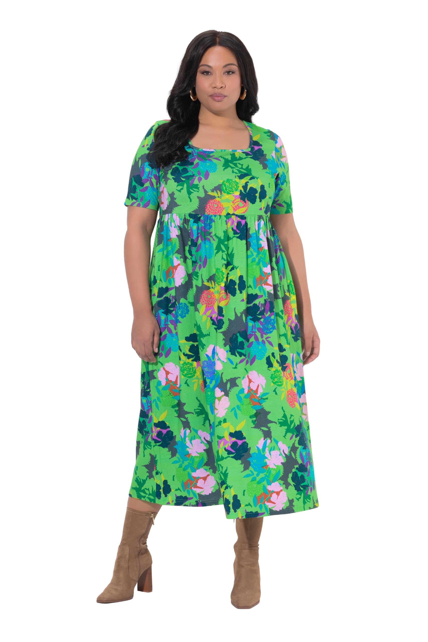 Ulla Popken Damen große Größen Übergrößen Plus Size Maxikleid, A-Linie, Carré-Ausschnitt, Halbarm, Taschen 847575