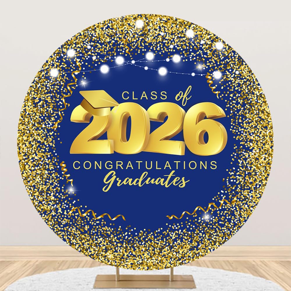 Laeacco 7.2x7.2ft 2026 Grad Round Backdrop Cover Blue Gold Class of 2026 Congratulations Graduates Trencher Cap Glitter Gold Sequins String Light