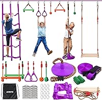 AOBOTE 52ft Ninja Warrior Obstacle Course for Kids - Slackline with 9 Accessories, Climbing Net, Monkey Bars, Swinging Seat