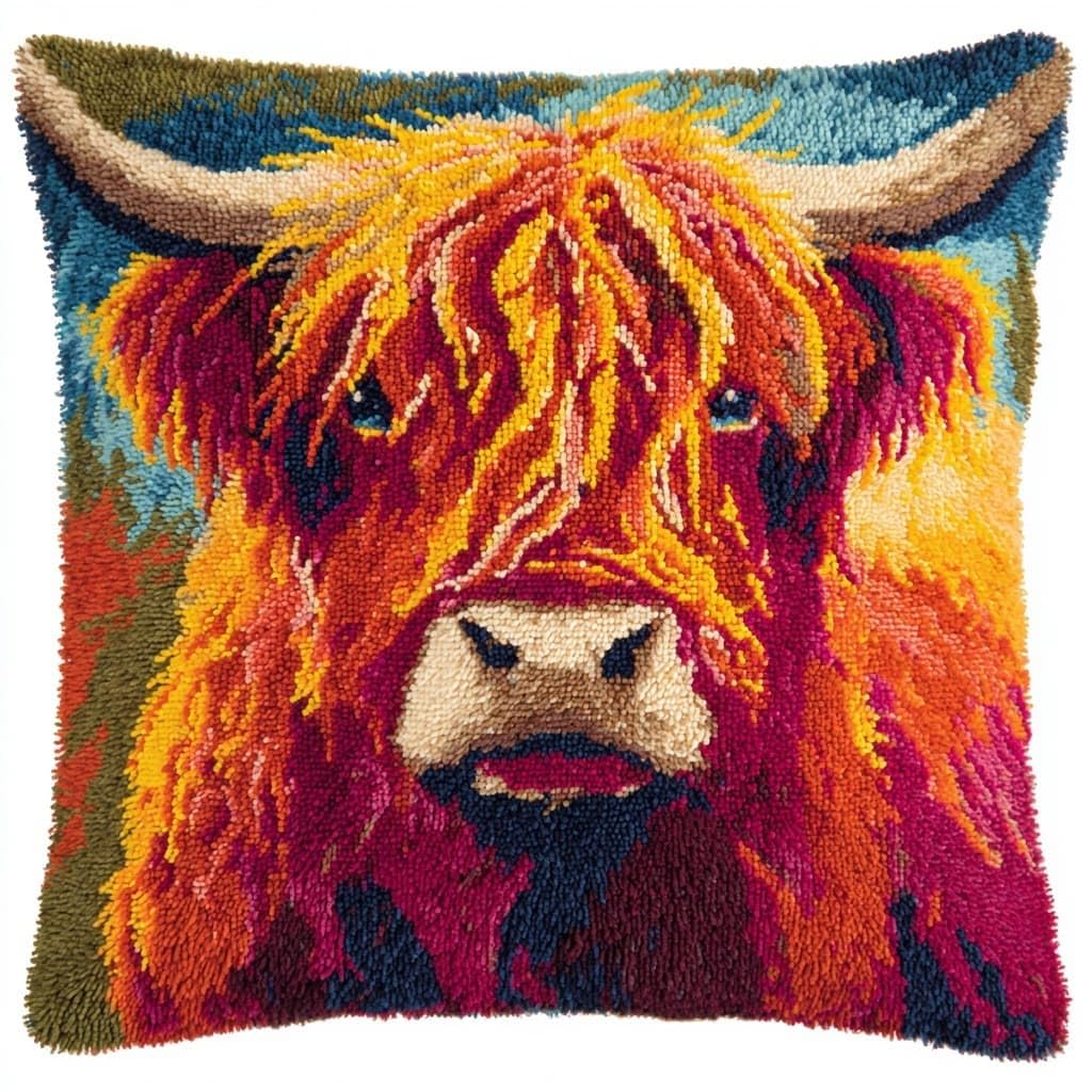 Henypt DIY Pillow Cover Making Kits Latch Hook Kit Highland Cattle