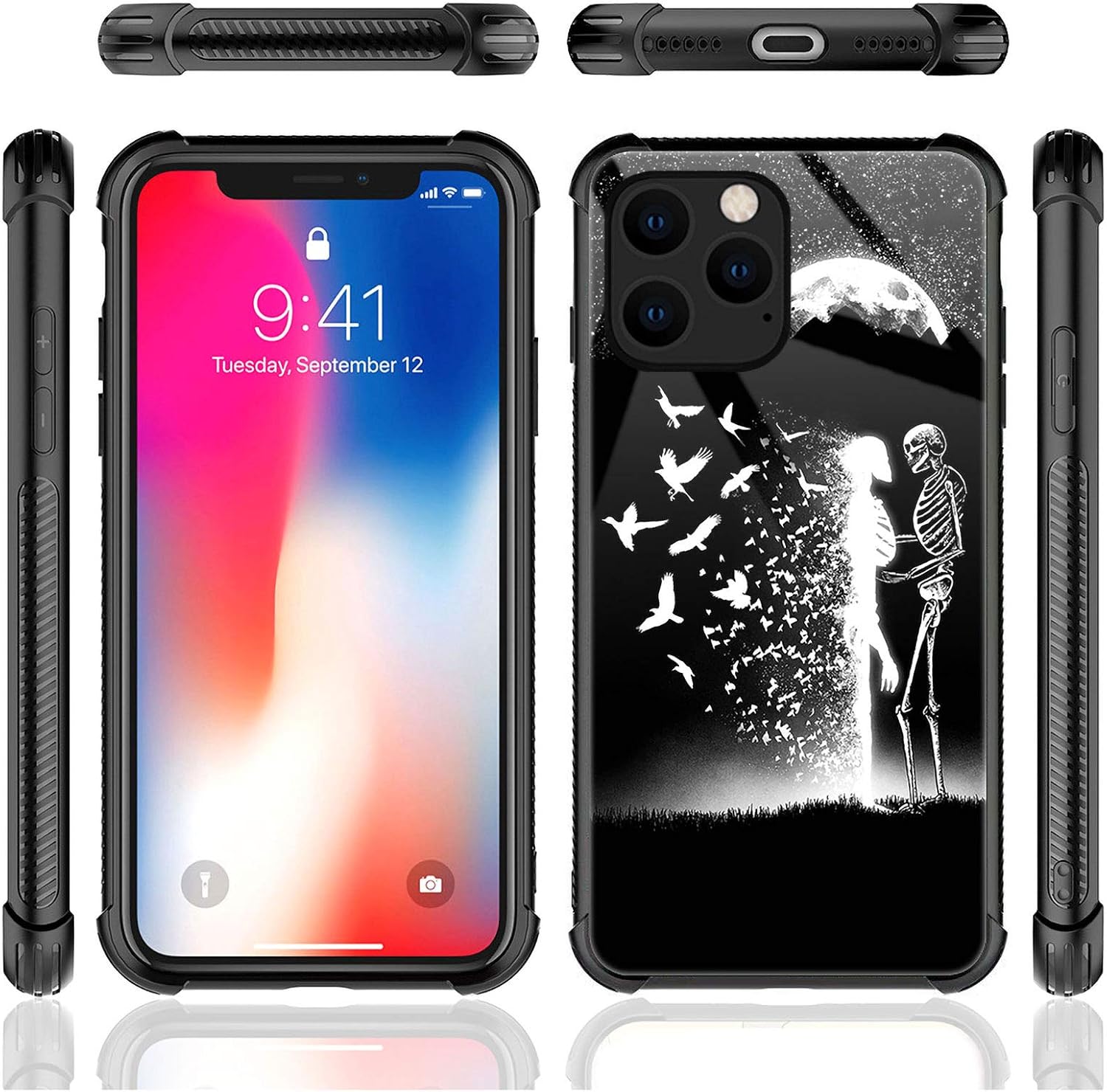 CARLOCA iPhone 12 Pro Max Case,Black White Skull Moon Bird iPhone 12 Pro Max Cases for Girls Women,Graphic Design Shockproof Anti-Scratch Drop Protection Case for Apple iPhone 12 Pro Max