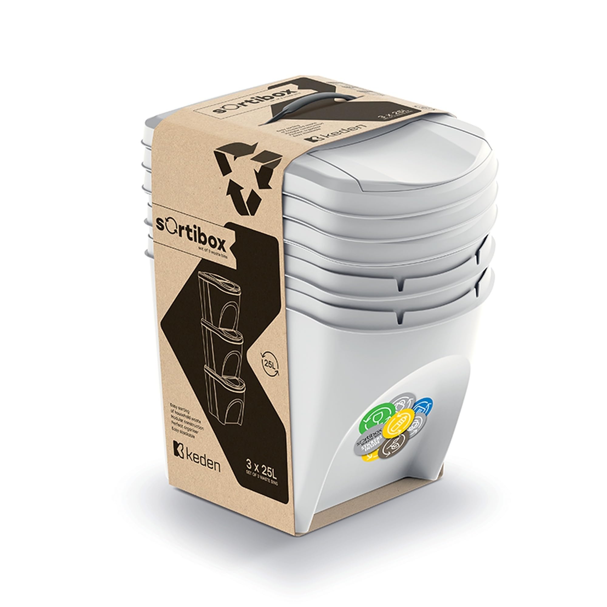 Prosperplast KEDEN SORTIBOX - Set di 3 bidoni della spazzatura, bianco rotto, volume 3 x 25 l